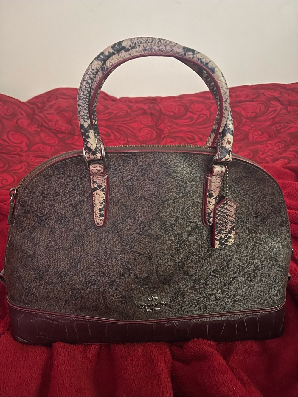 Coach Brown Signature Dome Satchel with Burgundy Trim and Printed Handles - Picture 2 of 7
